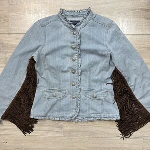 Y2K Baccini Faux Leather Fringe Ruffle Trim Denim Button Up Jacket Western Wms M